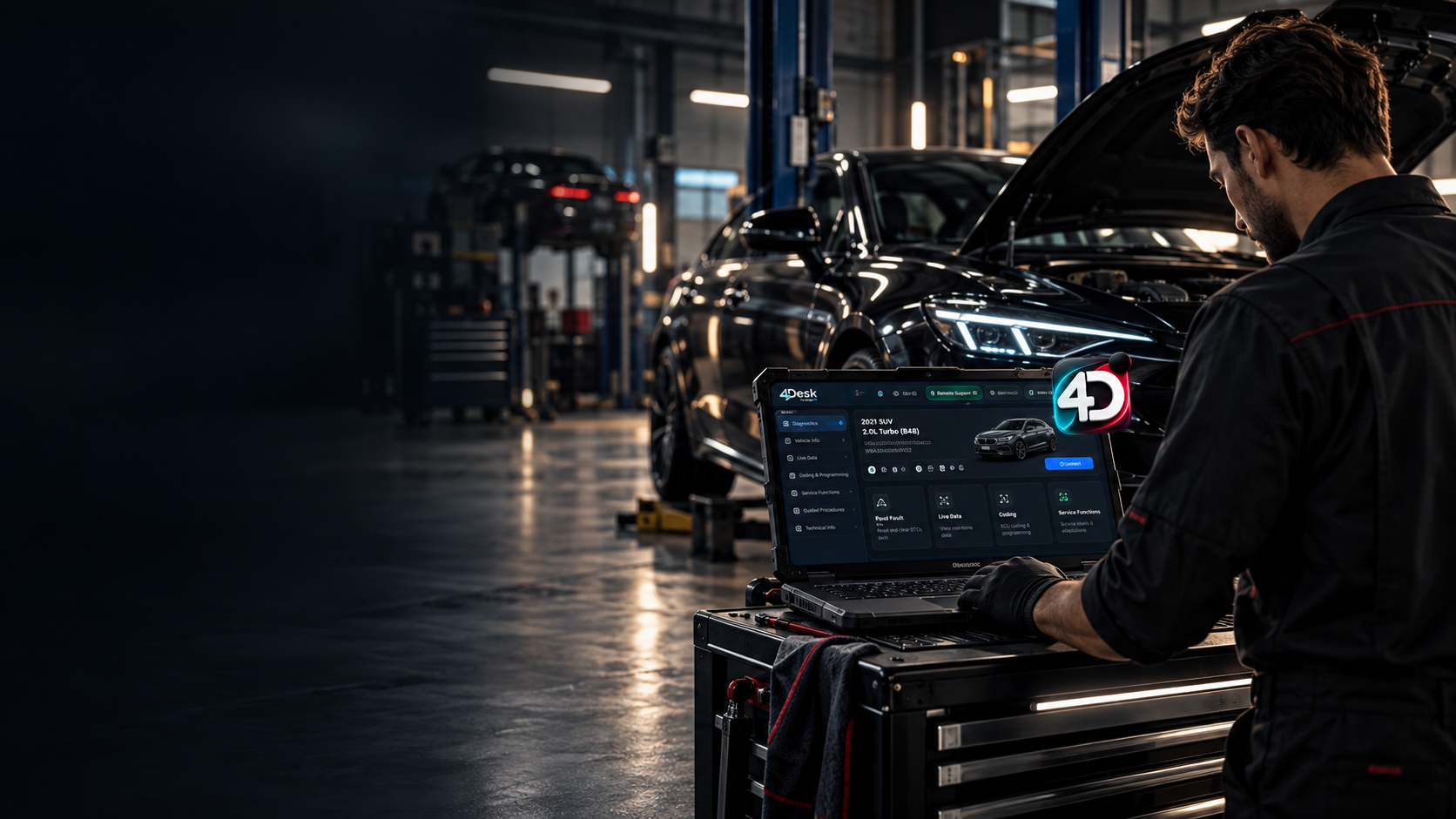 4Desk remote support interface shown in an automotive workshop