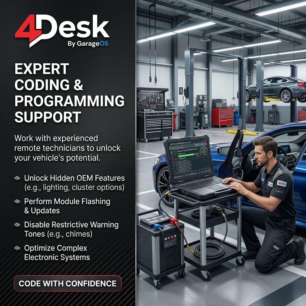 Remote coding and programming support with 4Desk for automotive workshop technicians and vehicle module workflows.