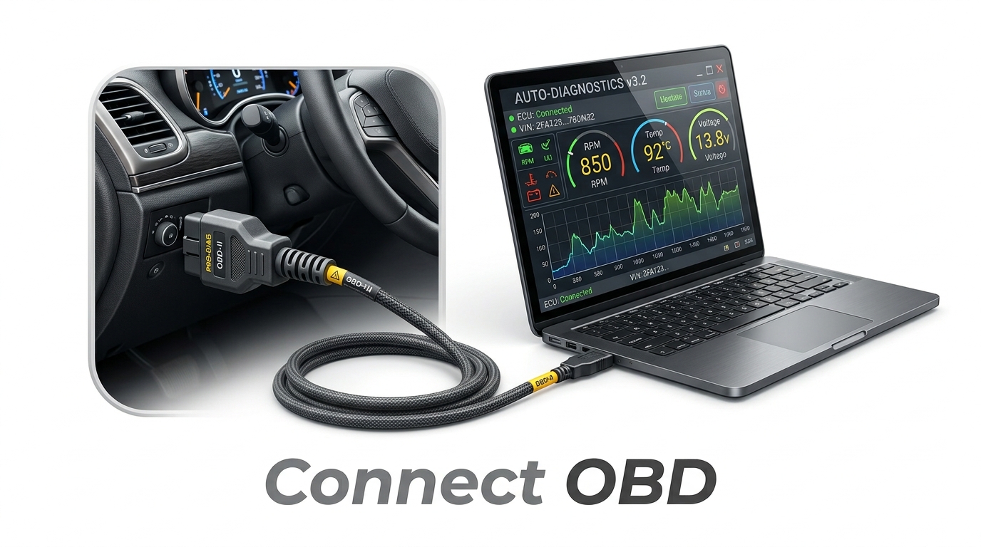 OBD diagnostic interface connected between a vehicle and laptop for a remote diagnostic workflow.