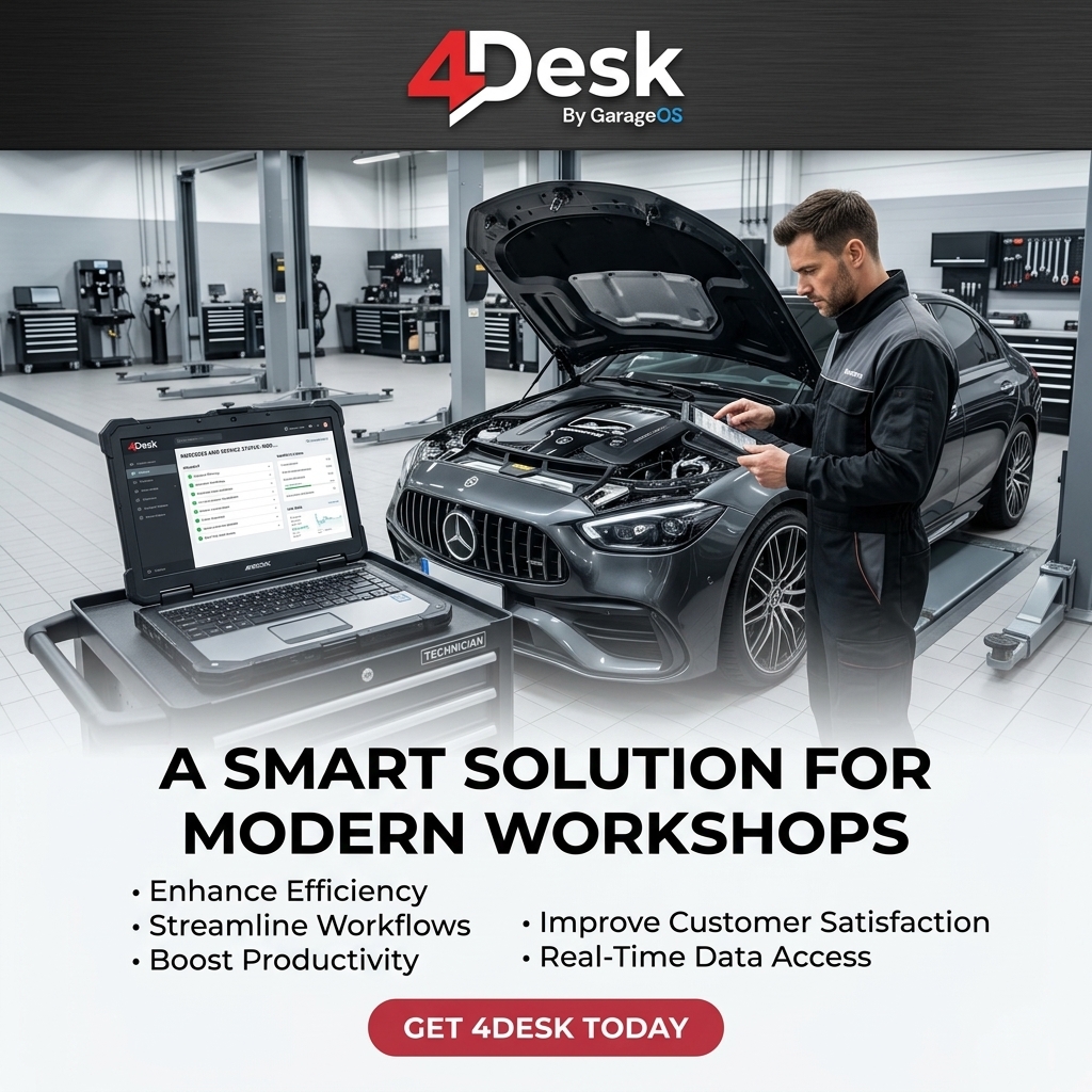 Modern automotive workshop using 4Desk remote support to assist vehicle diagnostics and technician workflows.