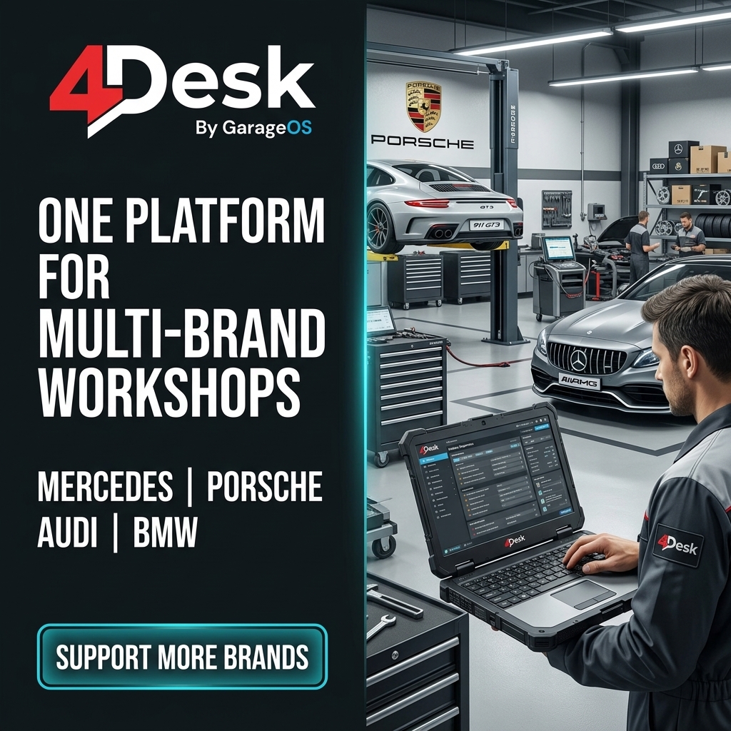 4Desk remote support workflow for a multi-brand automotive workshop supporting European vehicle service tasks.