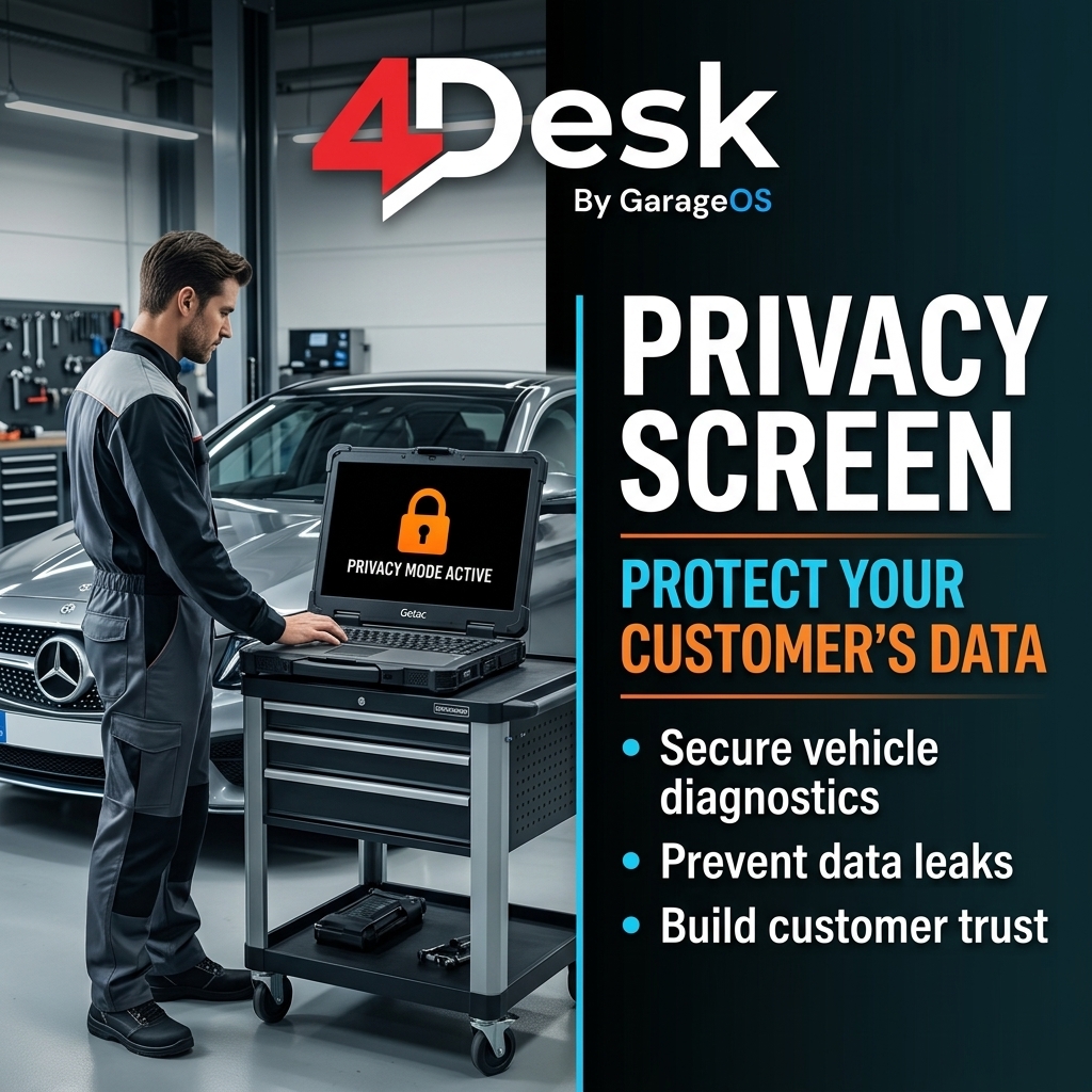 4Desk Privacy Screen for automotive workshops protecting customer data during an approved remote support session.