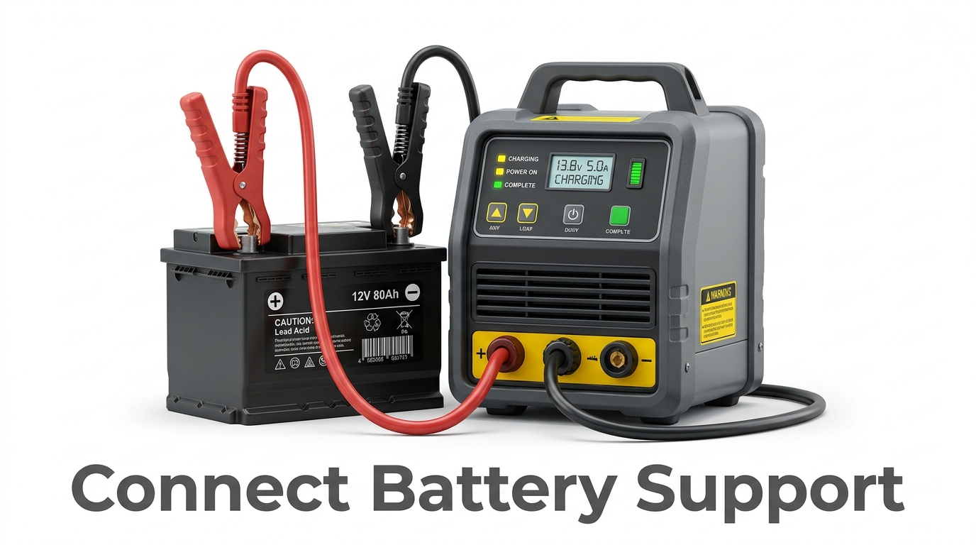 Battery support connected before a remote vehicle programming or diagnostic session.