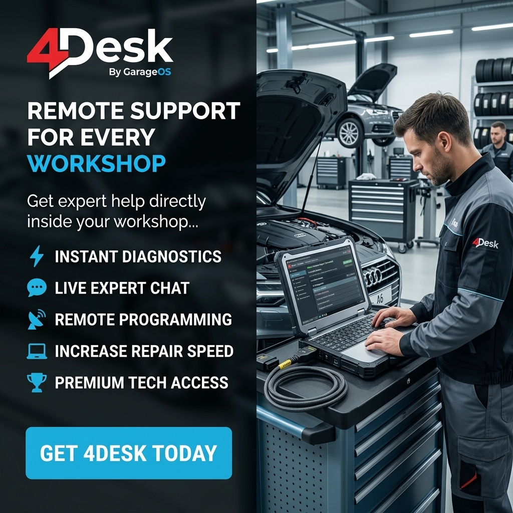 4Desk remote support for automotive workshops with a technician using diagnostic equipment in a service bay.