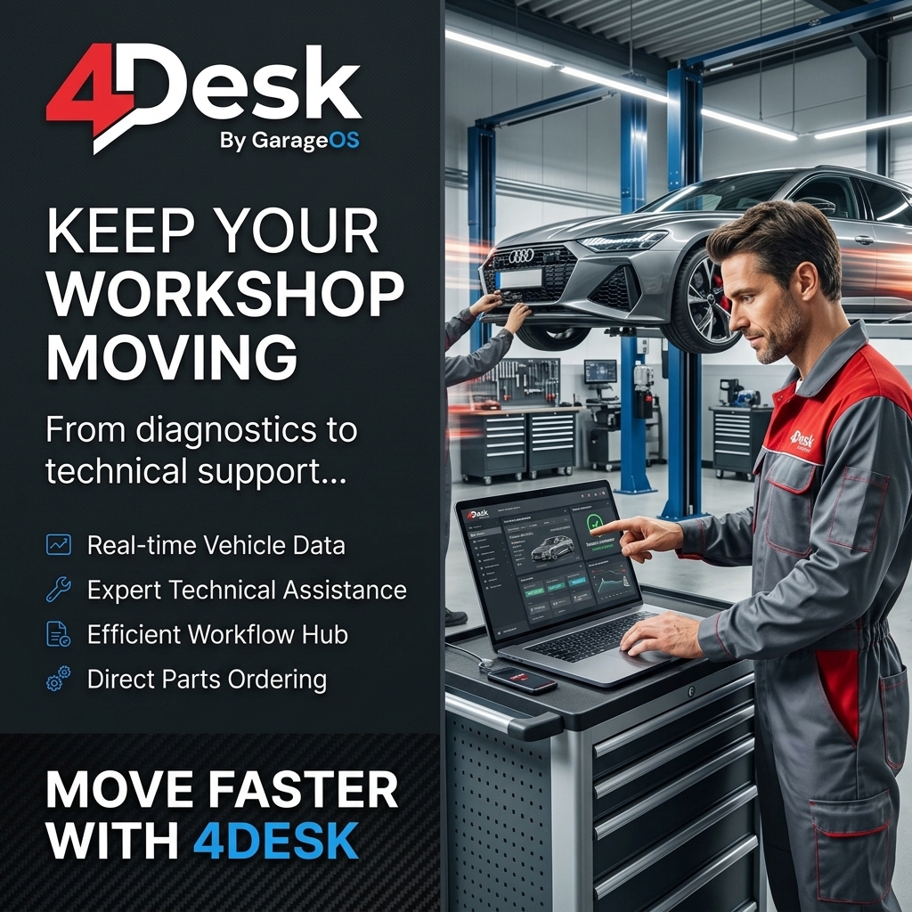 Automotive workshop technician using 4Desk for remote diagnostics and technical support beside a vehicle service bay.